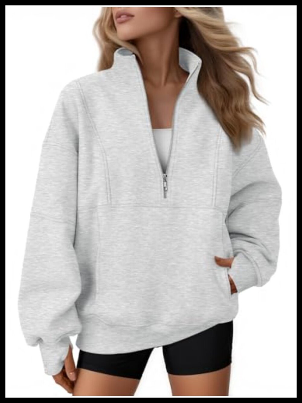 Oversized Fleece Quarter Zip Sweatshirt Mock Neck Pullover Thumbholes